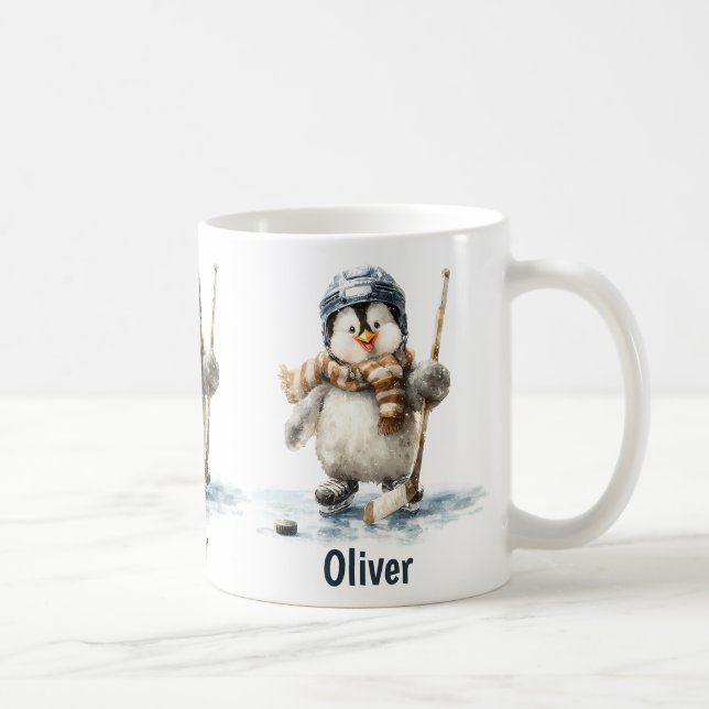 Caneca De Café Personalized Winter Penguin Hockey Kid (Direita)