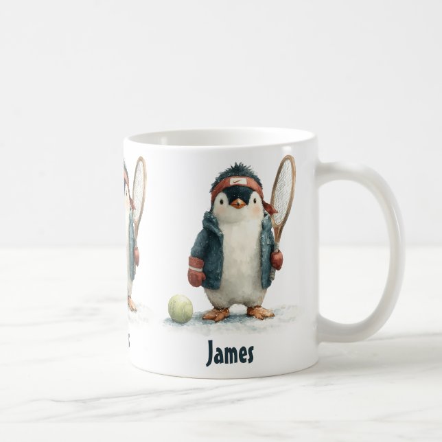 Caneca De Café Personalized Winter Penguin Tennis Kid (Direita)
