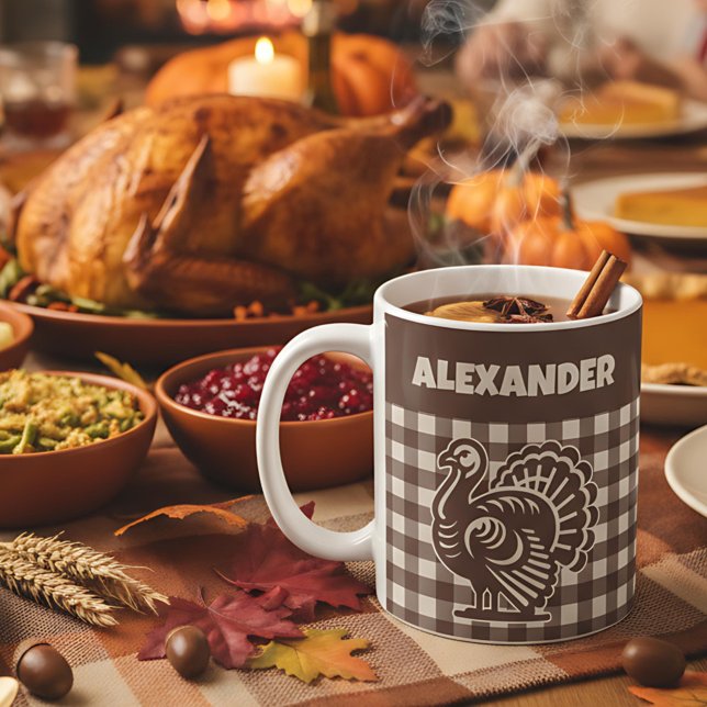 Caneca De Café Peru de Ação de Graças Marrom e Bege Xadrez Nome (Criador carregado)