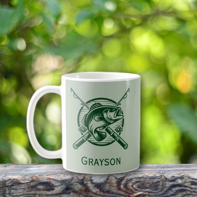 Caneca De Café Pescador Verde Polonês e Peixes Personalizados (Green Fisherman Poles and Fish Personalized Mug)