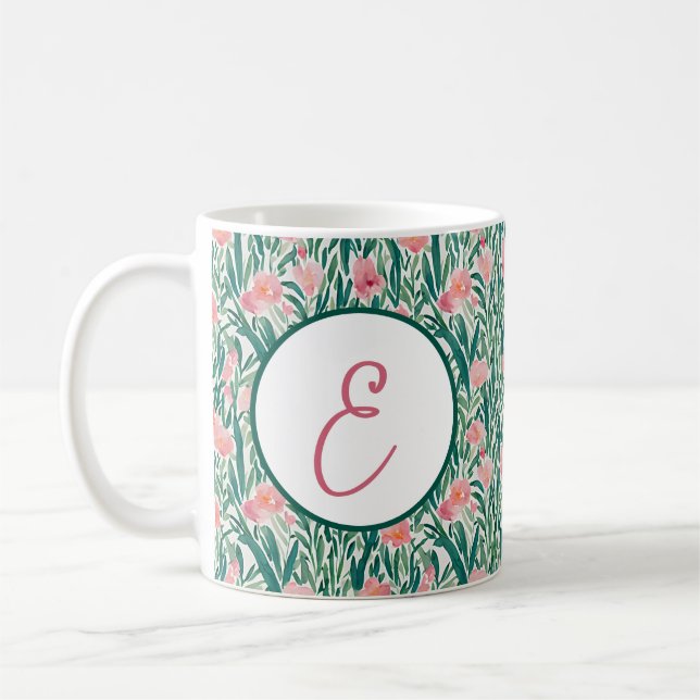 Caneca De Café Pêssego aquoso e monograma floral verde (Esquerda)