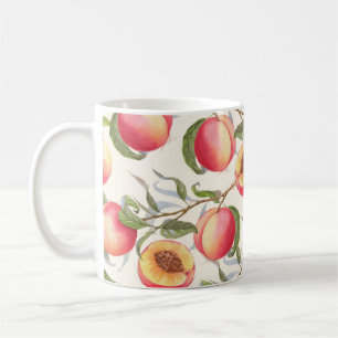 Caneca De Café Pêssegos de aquarela, padrão floral sem costura.