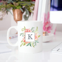Caneca De Café Pêssegos e Creme Aquarela Floral com Monograma