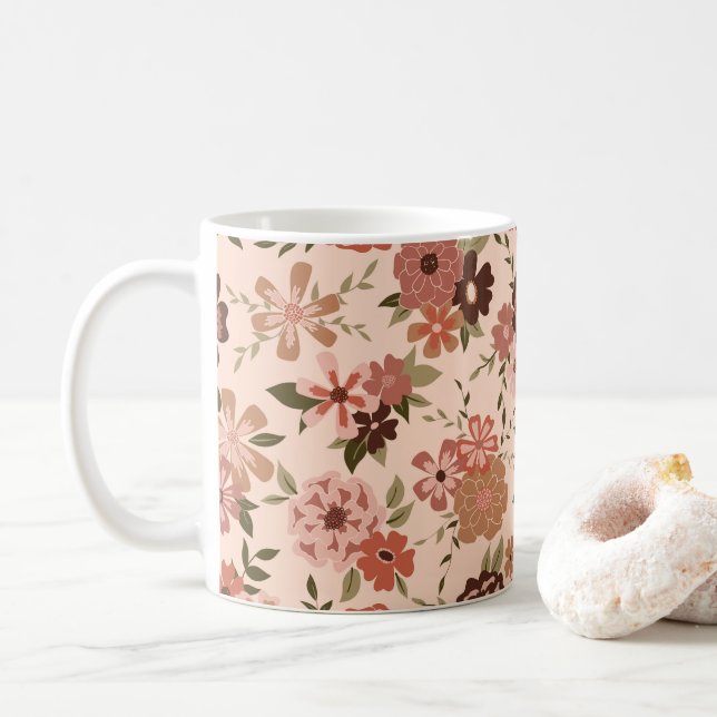 Caneca De Café Pessegueiro Marrom Impressionante Padrão Floral (Com Donut)