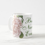 Caneca De Café Pessegueiro rosa-marfim Rosa Nana<br><div class="desc">Uma bela design de colheita de rosas românticas de pêssego de marfim azuladas,  enquadrada em folhas verdes.</div>