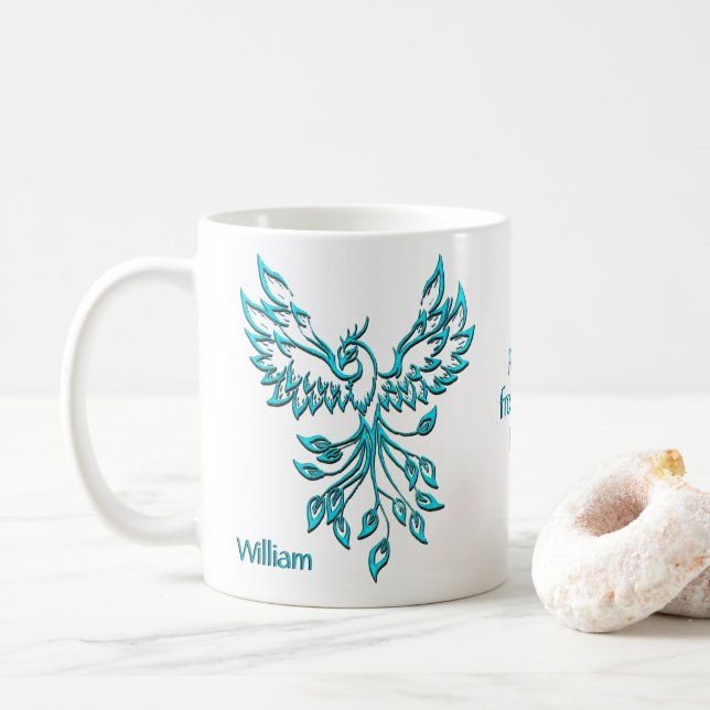 Caneca De Café Pessoal Azul-Teal Phoenix nasce da cama (Com Donut)