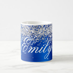 Caneca De Café Pessoal Prata Brilho Azul Real Folha