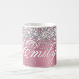 Caneca De Café Pessoal Prateado Brilho Rosa Claro Folha