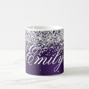 Caneca De Café Pessoal Prateado Brilho Violeta Escuro Folha