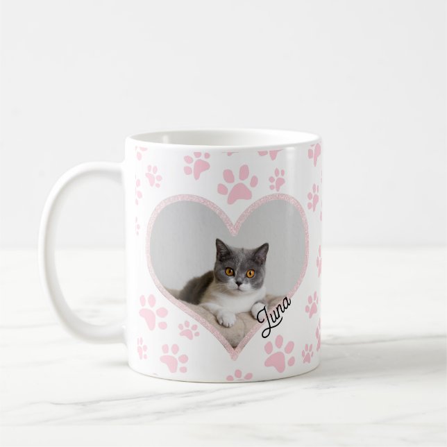 Caneca De Café Pet Cat Foto de Glitter Cardíaco e Patas de Glitte (Esquerda)