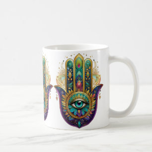 Caneca De Café Pétalas Violeta Verde Dourado Hamsa Turquesa Terce