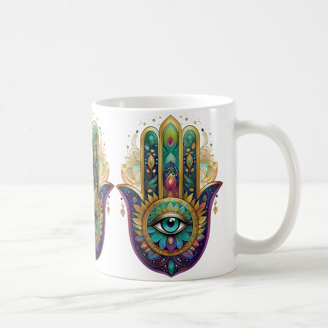 Caneca De Café Pétalas Violeta Verde Dourado Hamsa Turquesa Terce (Direita)