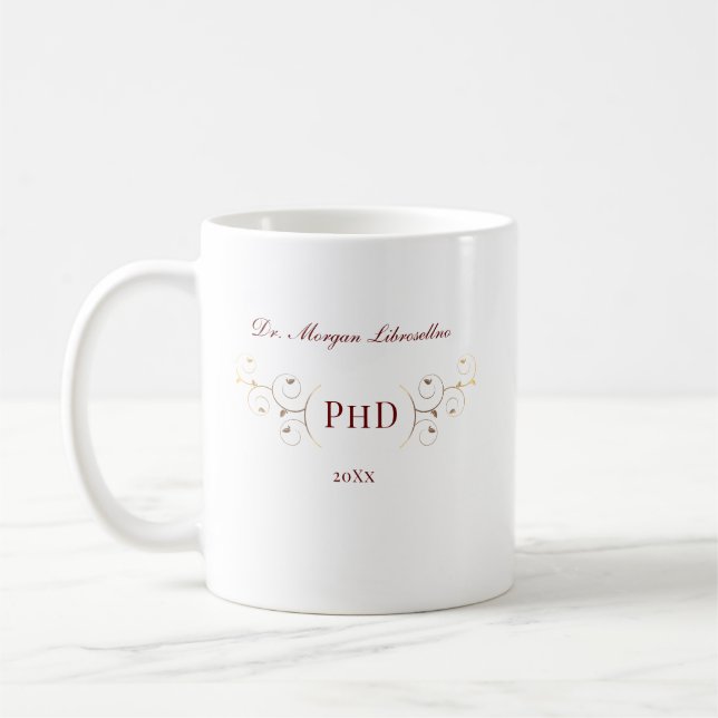 Caneca De Café PhD Burgundy, formatura Dourada elegante (Esquerda)