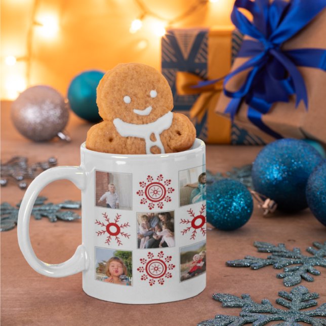 Caneca De Café Photo collage and red snowflakes Christmas (Criador carregado)