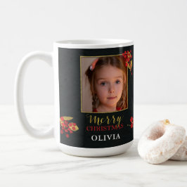 Caneca De Café Photo Customizable Christmas Card, Black Gold Red