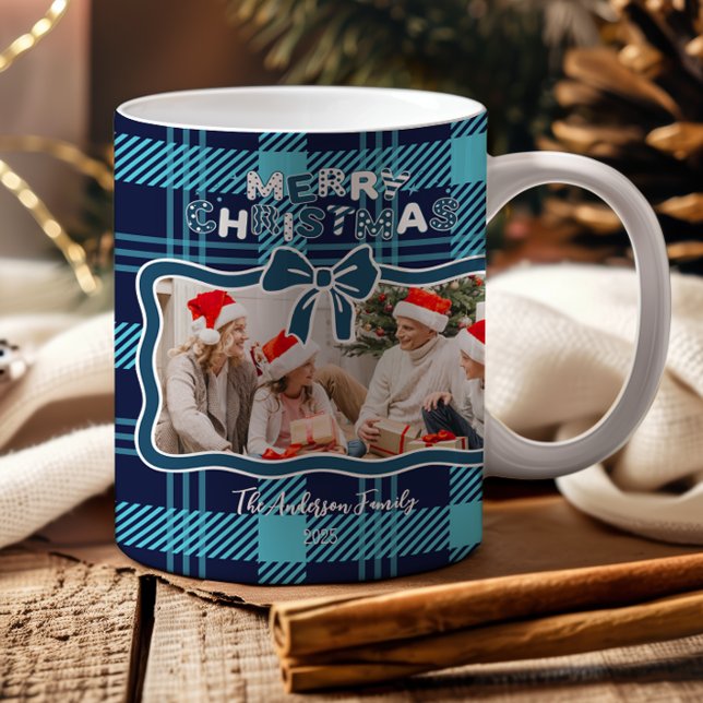 Caneca De Café Photo Retro Blue Plaid Whimsical Christmas  (Criador carregado)