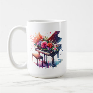 Caneca De Café Piano e Flores de Aquarela Personalizados