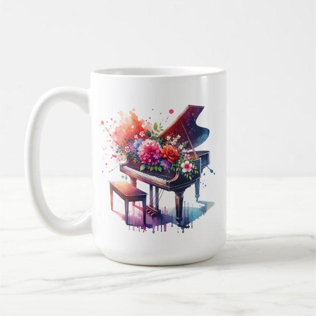 Caneca De Café Piano e Flores de Aquarela Personalizados (Esquerda)