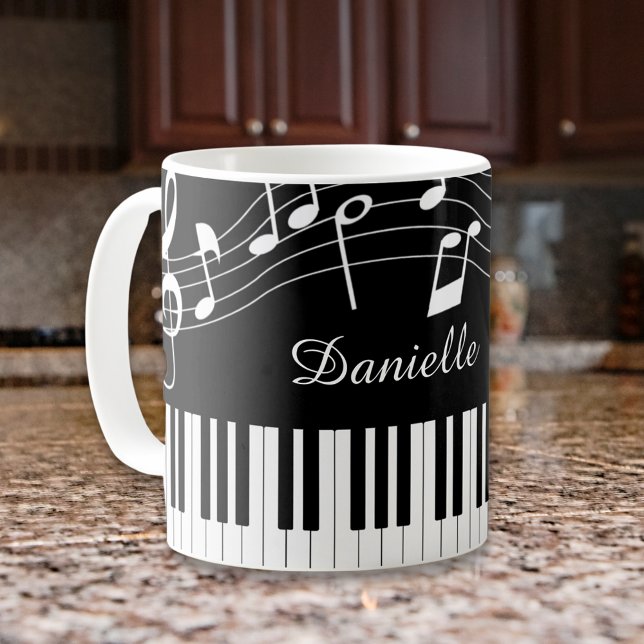 Caneca De Café Piano Music Notes Script Nome Preto (Criador carregado)
