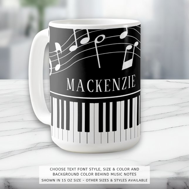 Caneca De Café Piano Music Notes Script Nome Preto (Criador carregado)