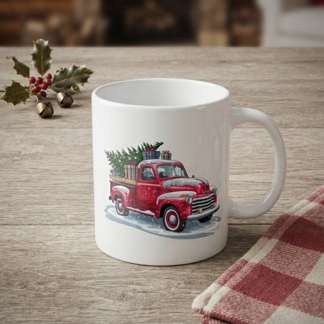 Caneca De Café Picape Vermelha e Árvore de Natal (Criador carregado)