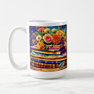Caneca De Café Pilha Personalizada de Livros Antigos e Flores