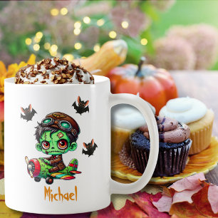 Caneca De Café Piloto Zumbi voando Avião & Morcego Halloween Engr