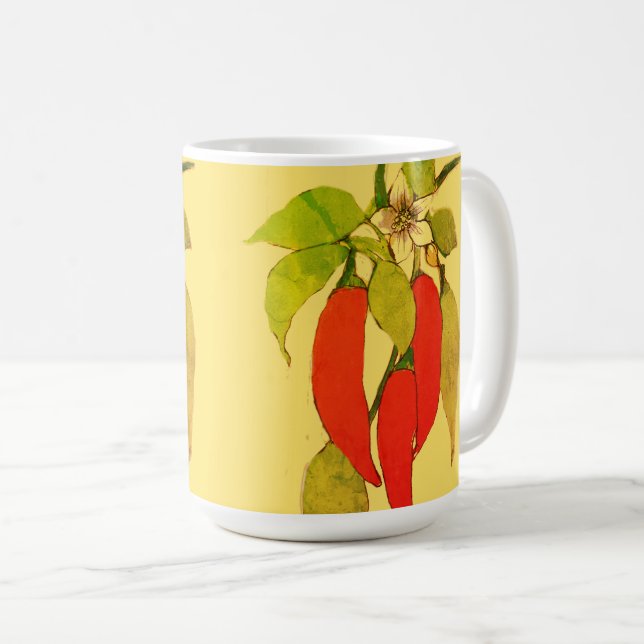 Caneca De Café Pimentões Chili Vermelhos em Folhas Verdes de Flor (Frente Esquerda)