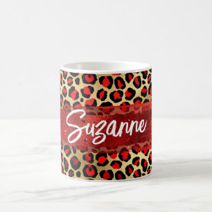 Caneca De Café Pinceladas de Leopardo com Folha Dourada e Preta