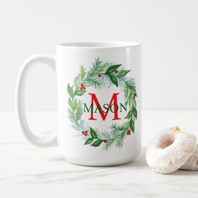 Caneca De Café Pine Berries Wreath Monograma Café Mug (Com Donut)