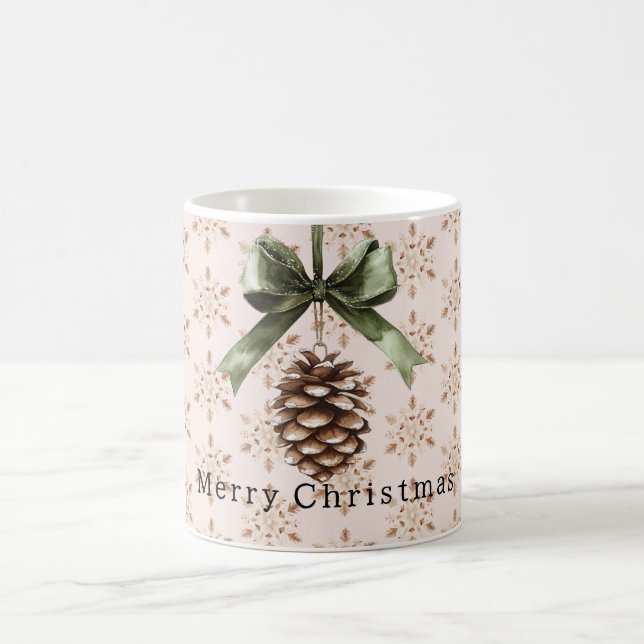 Caneca De Café Pine Cone Green Bow Christmas Cream Snowflakes (Centro)
