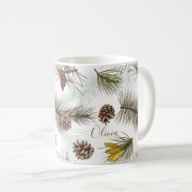 Caneca De Café Pine Cones e Evergreen SEU NOME (Frente Esquerda)