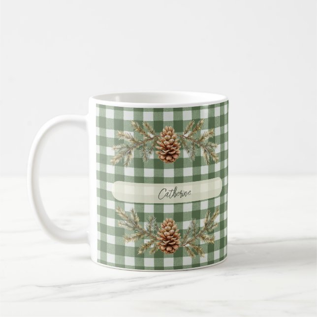 Caneca De Café Pine Cones e Ramificações Personalizadas Gingham (Esquerda)