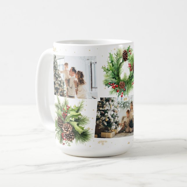 Caneca De Café Pine Cones Holly Berries Foto Colagem Natal (Frente Esquerda)