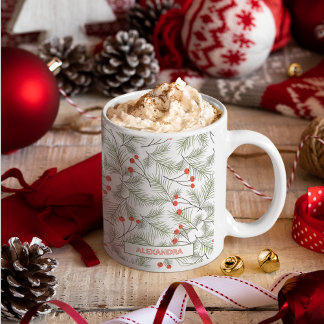 Caneca De Café Pine Sprigs and Berries Custom Name Christmas