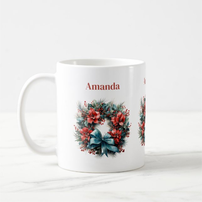 Caneca De Café Pine Wreath com Flores Vermelhas e Holly (Esquerda)
