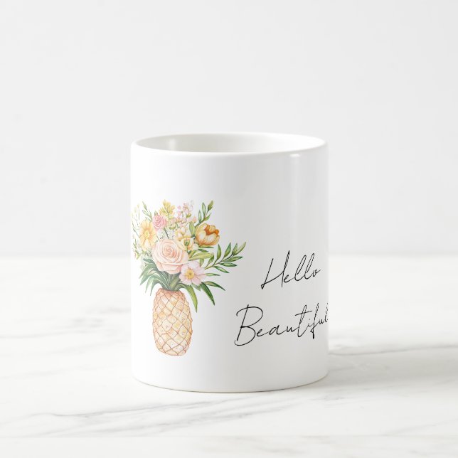 Caneca De Café Pineapple Yellow Pink Flowers Hello Beautiful (Centro)