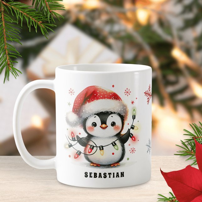 Caneca De Café Pinguim Bonito com Luzes de Natal Personalizadas (Criador carregado)
