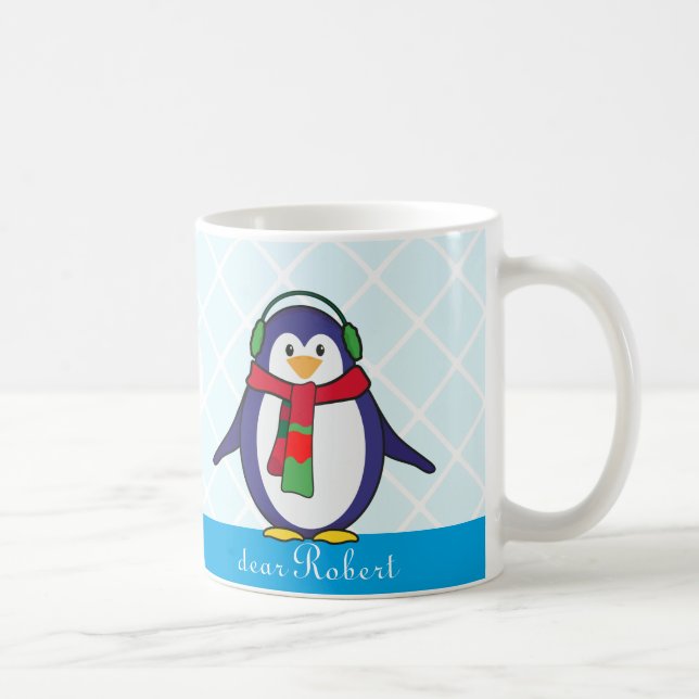 Caneca De Café Pinguim bonito de Natal com seu nome (Direita)