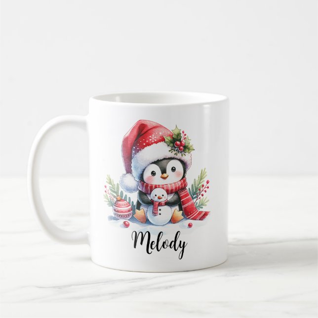 Caneca De Café Pinguim Bonito em Nome Vermelho Personalizado Nata (Esquerda)