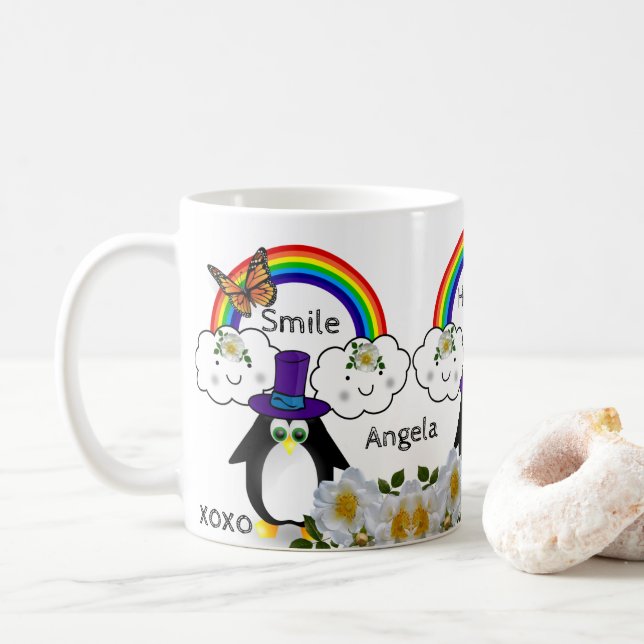 Caneca De Café Pinguim Borboleta Arco-Íris Nuvens Mug (Com Donut)