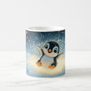 Caneca De Café pinguim de desenho animado em uma paisagem nevada,