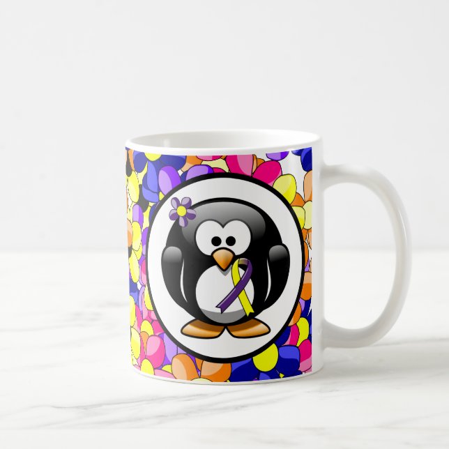 Caneca De Café Pinguim de Fita de Consciência Púrpura e Amarela (Direita)