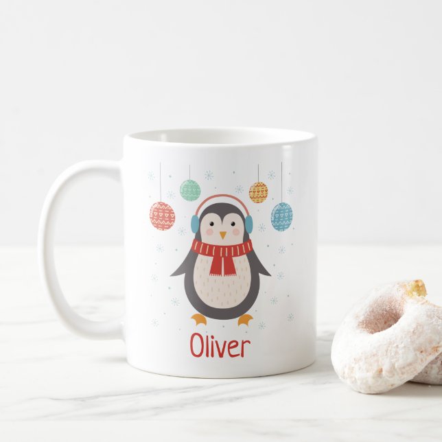 Caneca De Café Pinguim de Natal bonito - Mug de Natal Personaliza (Com Donut)