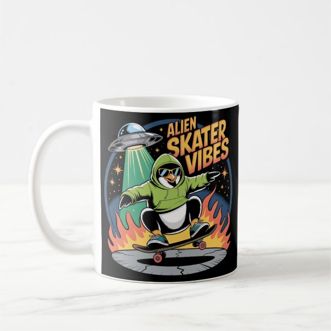 Caneca De Café Pinguim de Skate OVNI Alien Divertido (Esquerda)