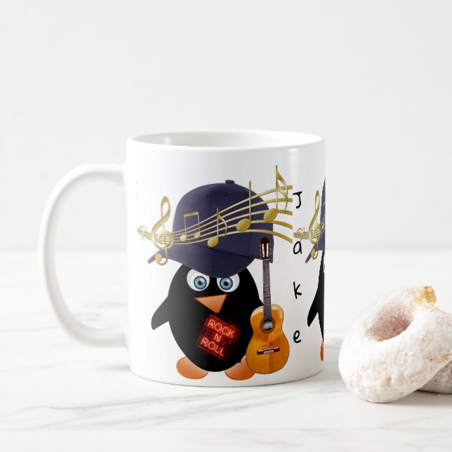 Caneca De Café Pinguim Dourado Music Notes Guitar Mug (Com Donut)