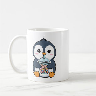 Caneca De Café Pinguim Fofo Bebendo Chá Boba Cartoon