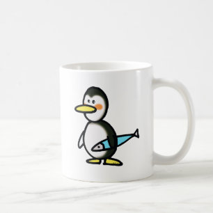 Caneca De Café Pinguim Fofo Segurando um Peixe Azul