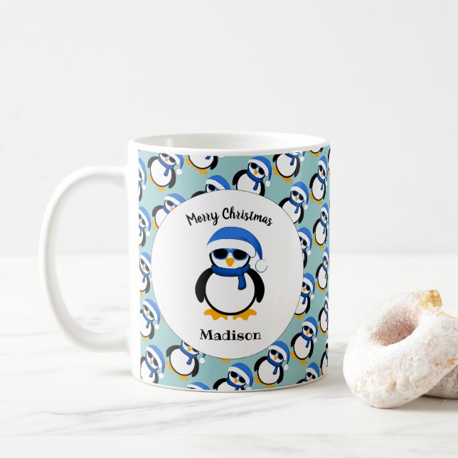 Caneca De Café Pinguim legal bonito no inverno Personalizar (Com Donut)