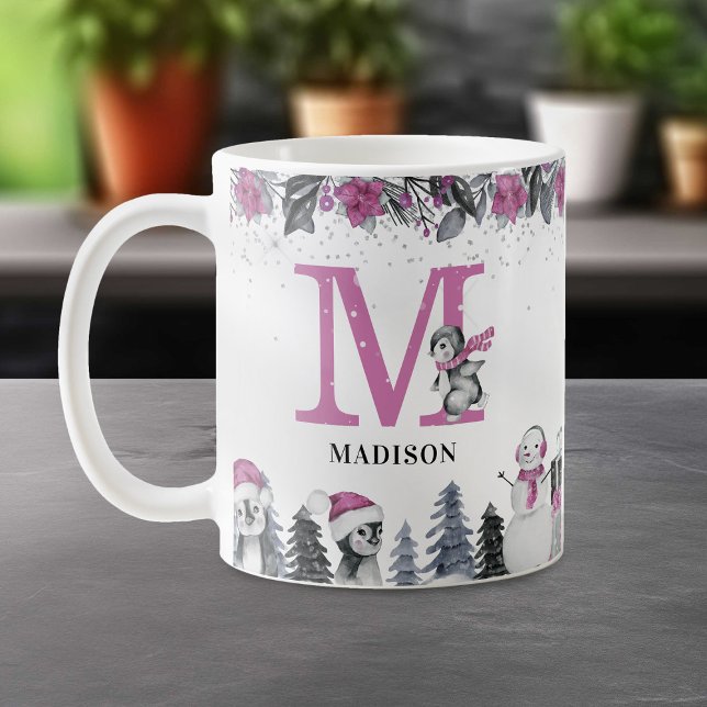 Caneca De Café Pinguim Monograma Nome Natal (Criador carregado)